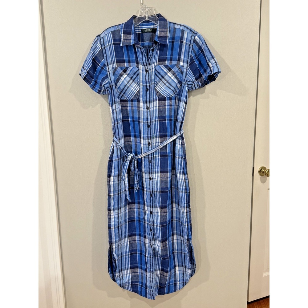 Ralph Lauren Womens Blue Plaid 100% Linen Shirt Dress Belted Size 2